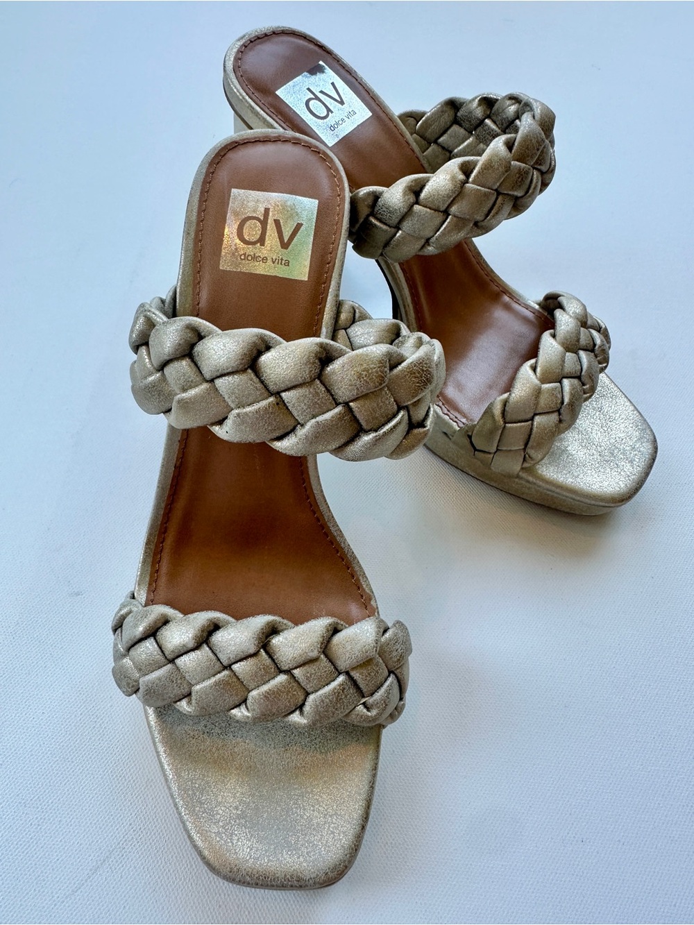 New Dolce Vita Presley Gold Metallic Platform Braided Slide Heeled Sandals 8.5